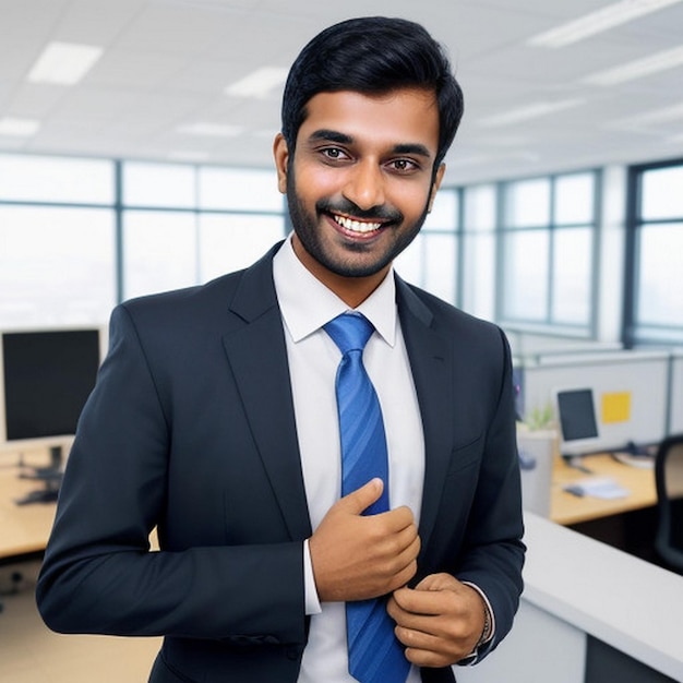 happy smiling Indian business man leader looks away with confidence standing in the office smiling young professional businessman manager and executive from India