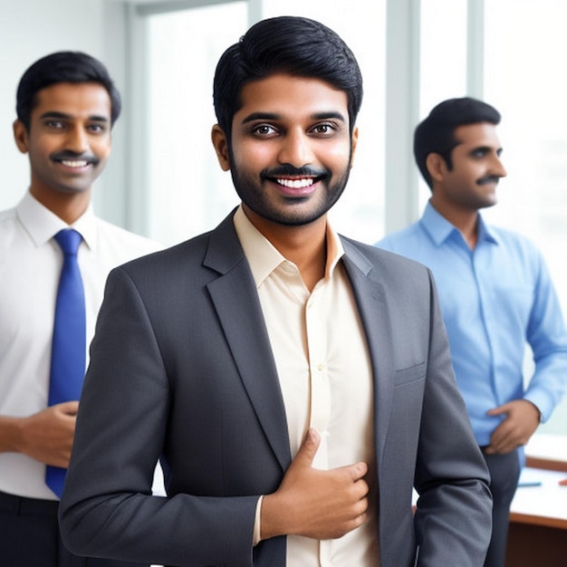 happy smiling Indian business man leader looks away with confidence standing in the office smiling young professional businessman manager and executive from India