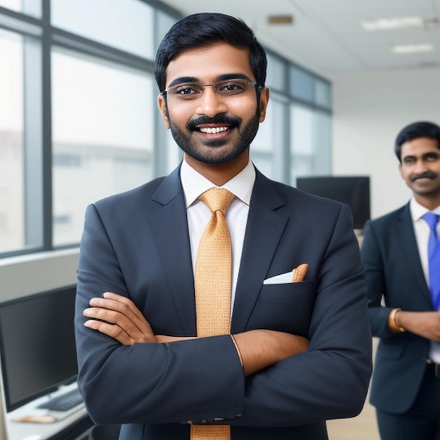 happy smiling Indian business man leader looks away with confidence standing in the office smiling young professional businessman manager and executive from India