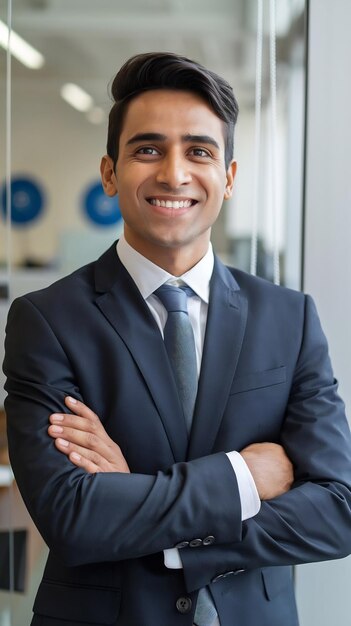 Photo happy smiling indian business man leader looks away with confidence standing in the office smiling