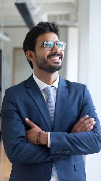 Photo happy smiling indian business man leader looks away with confidence standing in the office smiling