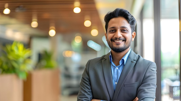 happy smiling Indian business man leader looks away with confidence standing in the office