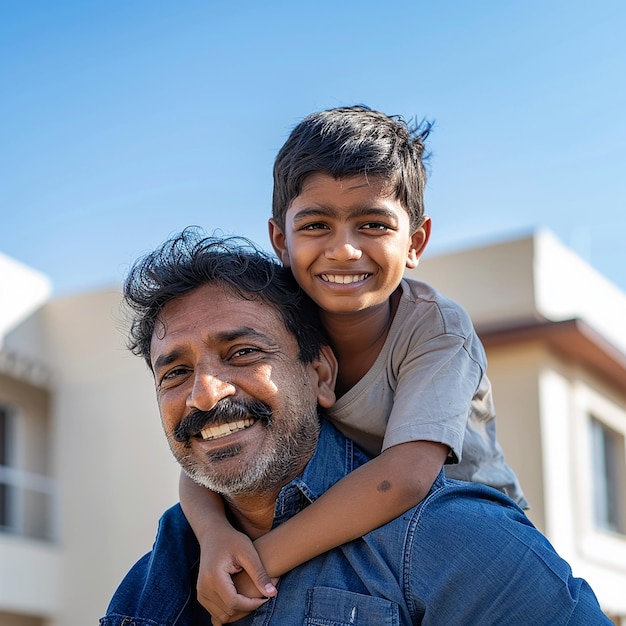 Happy smiling indian father giving son ride on back