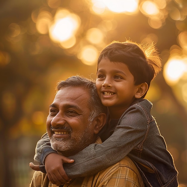 Happy smiling indian father giving son ride on back