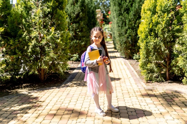 Happy smiling kid going to school for the first time Child girl with bag go to elementary school