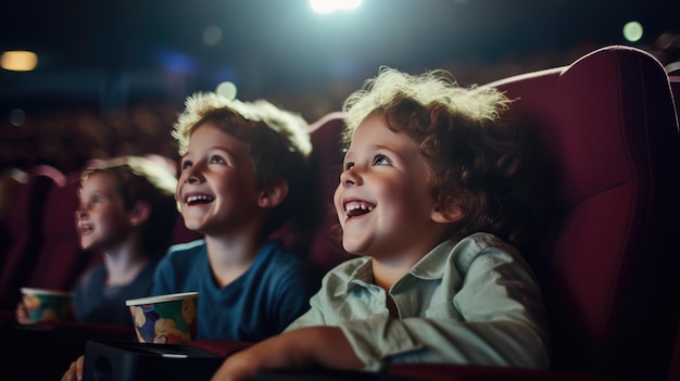 Happy smiling kids sitting in a movie theater and watching a movie