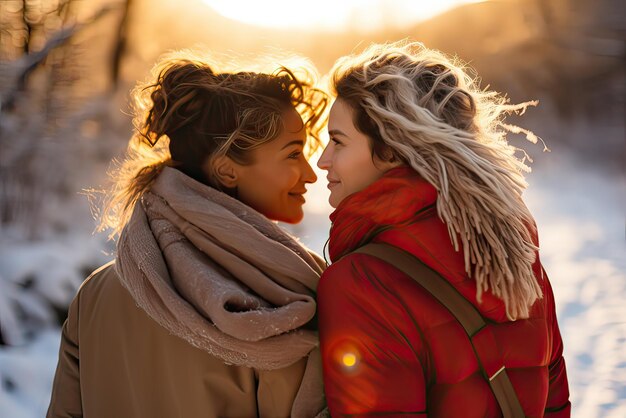 Happy smiling lesbian couple in love girlfriends hugging and smiling in a snowy forest winter