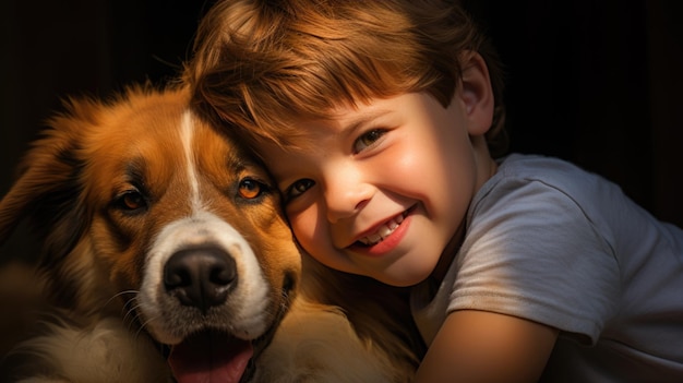 Happy smiling little child with his dog