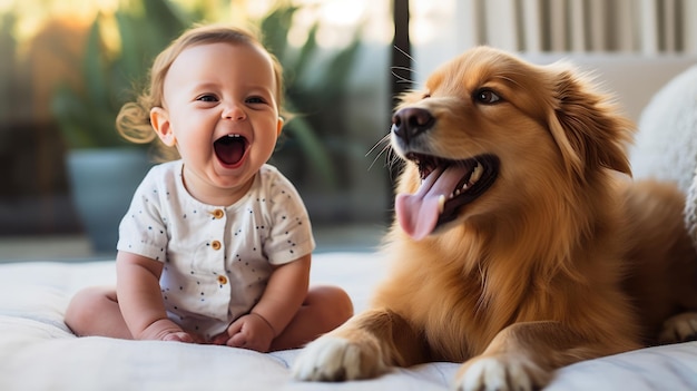 Happy smiling little child with his dog