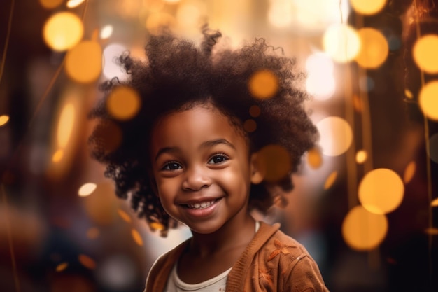 A happy smiling little girl celebrating her birthday with candles in the background