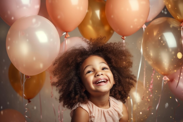 A happy smiling little girl celebrating her birthday with candles in the background