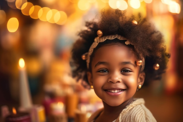 A happy smiling little girl celebrating her birthday with candles in the background