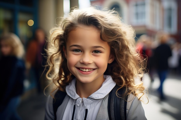 Happy smiling little schoolgirl going to school portrait curly caucasian girl with backpack outdoors looking at camera