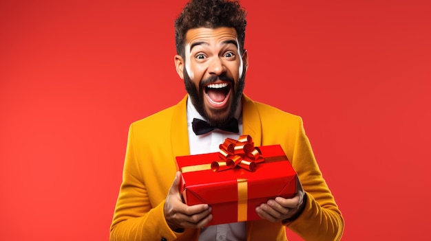 Happy smiling man holding gift box on a colored background