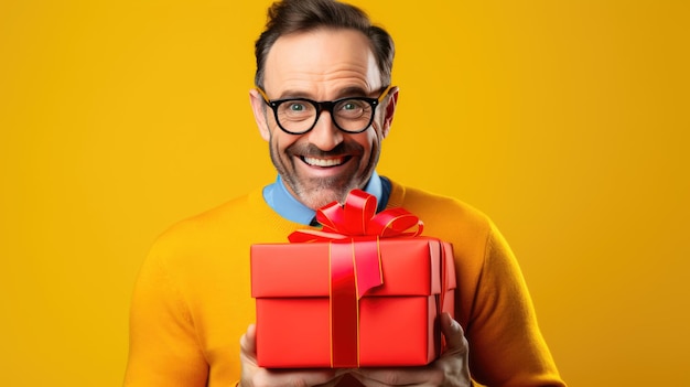 Happy smiling man holding gift box on a colored background