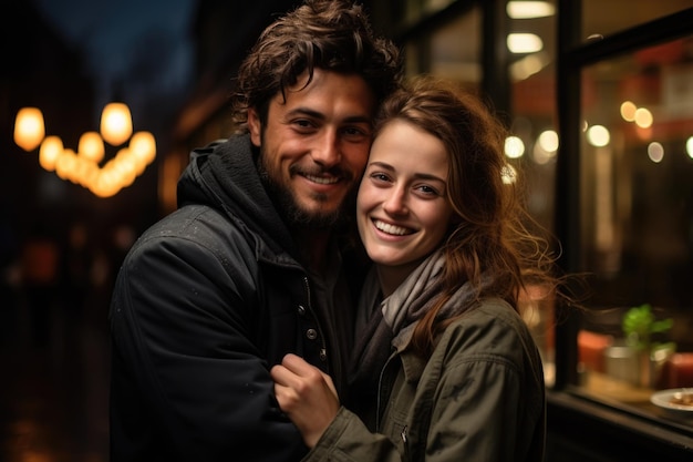 Happy and smiling man hugging a young woman outside the coffee generative IA