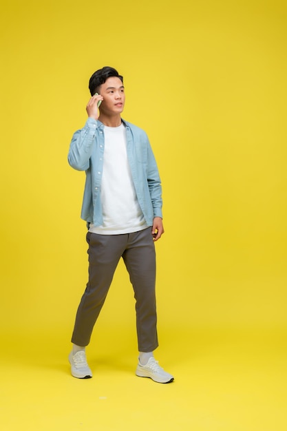 Happy smiling man in jeans and denim shirt talking on the phone looking at camera