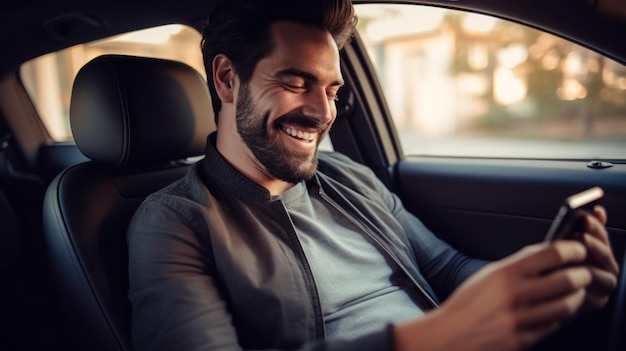 A Happy Smiling Man Uses A Smartphone Watches Video Jokes Types A Message Talks via Video Chat While Sitting in The Car