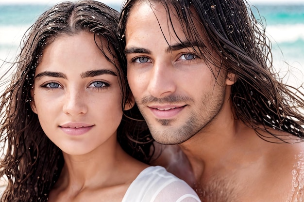 Happy smiling man and woman on the sea beach against the backdrop of ocean waves Young beautiful couple of european people in love Generative AI