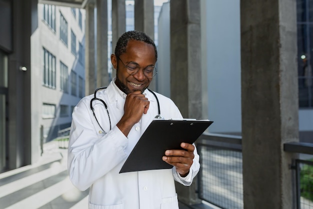 Happy and smiling mature doctor reading report documents outside clinic african american man in