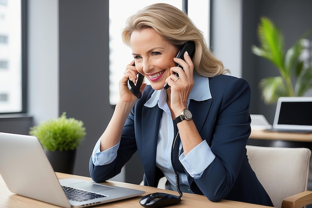 Happy smiling mature middle aged business woman 40s professional lady executive manager talking on the phone making business call on cellphone at work in office using laptop computer