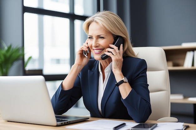 Happy smiling mature middle aged business woman 40s professional lady executive manager talking on the phone making business call on cellphone at work in office using laptop computer