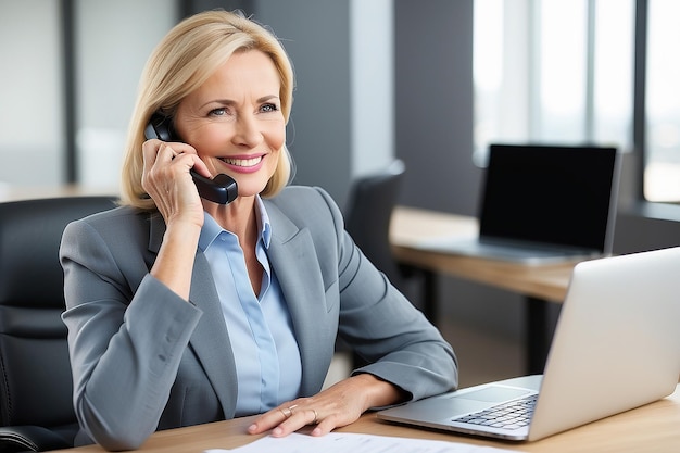 Happy smiling mature middle aged business woman 40s professional lady executive manager talking on the phone making business call on cellphone at work in office using laptop computer