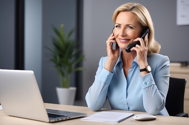 Happy smiling mature middle aged business woman 40s professional lady executive manager talking on the phone making business call on cellphone at work in office using laptop computer