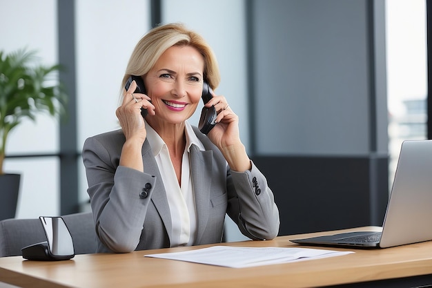 Happy smiling mature middle aged business woman 40s professional lady executive manager talking on the phone making business call on cellphone at work in office using laptop computer