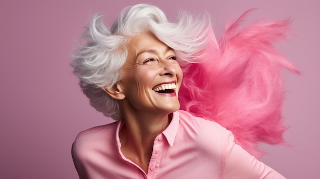 Happy smiling mature woman on pink background