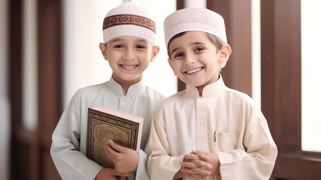 Happy Smiling Muslim Little Kids Holding Hands