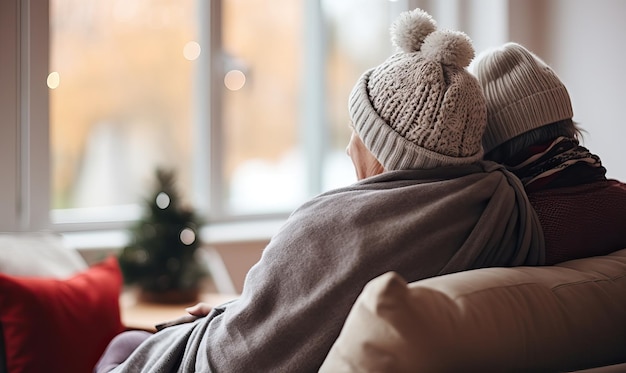 Happy smiling Senior couple having fun n wool plaid and scarf and wearing warm hat sitting on sofa