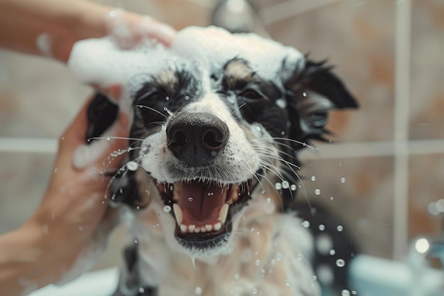 happy smiling small dog enjoying a bath with bubbles and gentle grooming