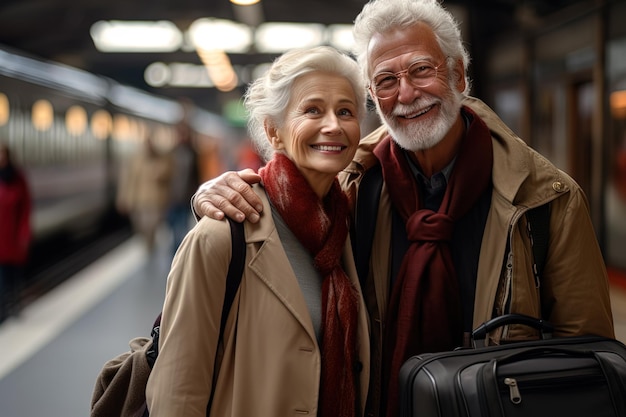 Happy smiling traveling elderly couple standing at train station