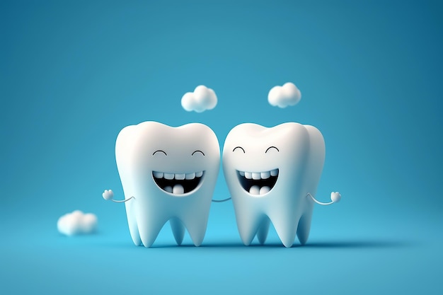 Happy smiling white teeth cartoon characters concept of dental health care Generative AI