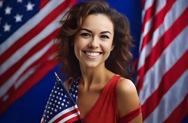 A happy smiling woman clutching the USA flag in a realistic photograph