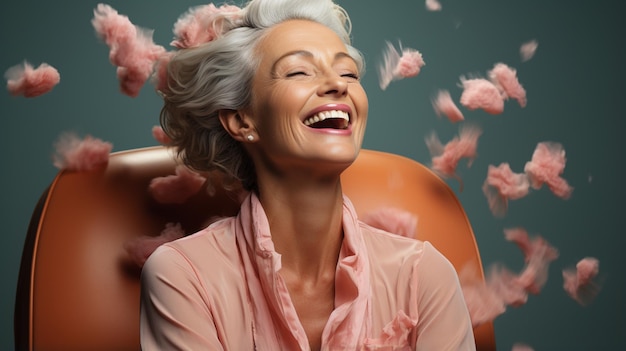 happy smiling woman in flower wreath on pink background