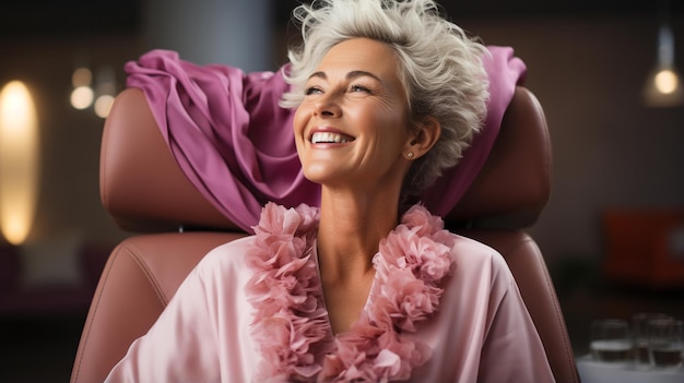 happy smiling woman in flower wreath on pink background