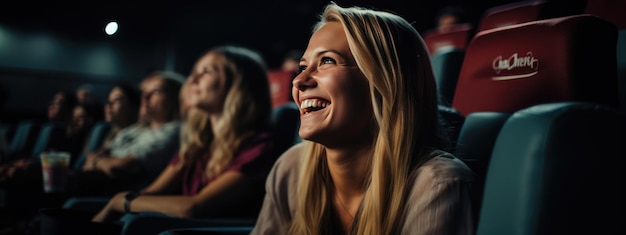 Happy smiling woman sitting in a movie theater and watching a movie