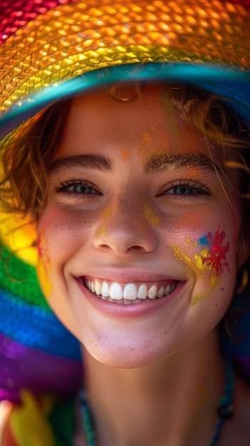 Happy smiling woman wearing a rainbow hat and face paint