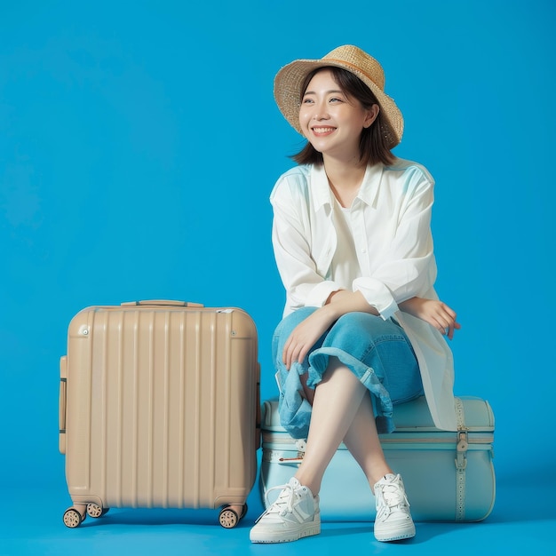 Happy smiling young Asian tourist woman sitting on luggage going to travel on holidays