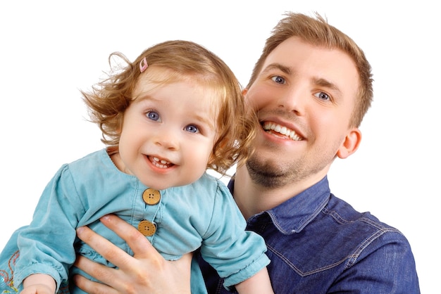 Happy and smiling young family portrait isolated on white background father with little baby girl pa