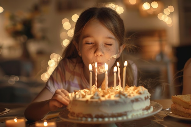 Happy smiling young girl blows out candles and eats birthday cake at a family birthday party