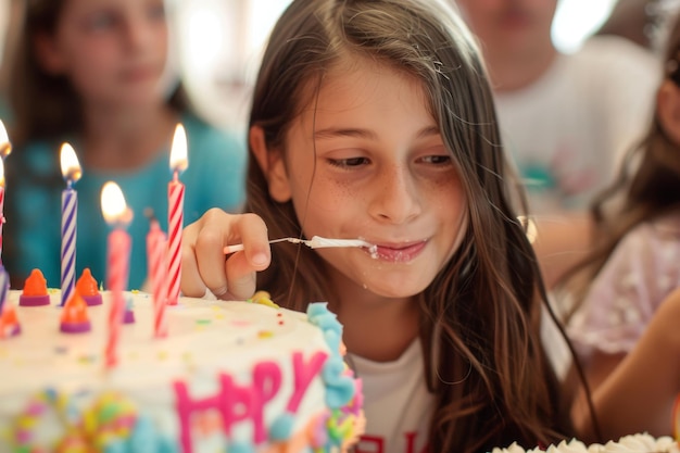 Happy smiling young girl blows out candles and eats birthday cake at a family birthday party