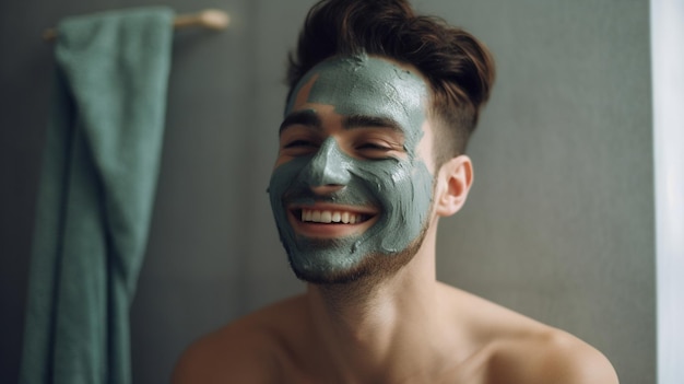 A happy smiling young handsome man with a beauty face mask Generative AI