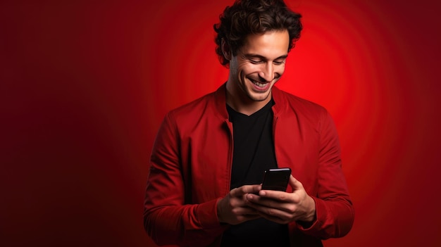 Happy smiling young man using his phone on a colored background