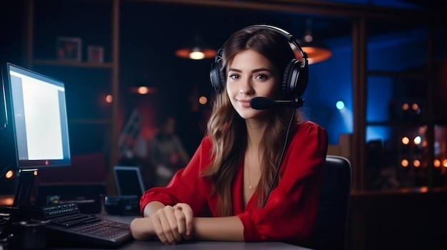 A happy smiling Young Streamer Gamer Blogger woman looks into the camera conducts a live Online Broadcast communicates with subscribers on the Internet