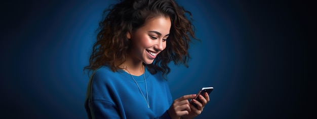 Happy smiling young woman is using her phone on a colored background