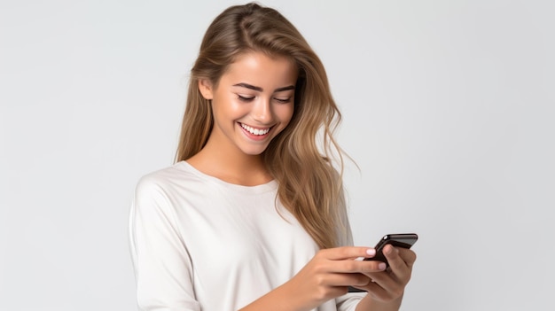 Happy smiling young woman is using her phone on a colored background