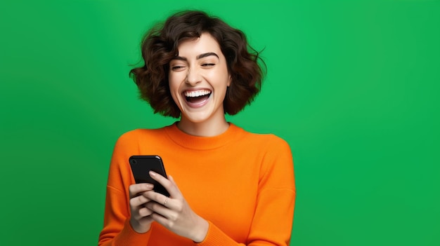 Happy smiling young woman is using her smartphone against green background